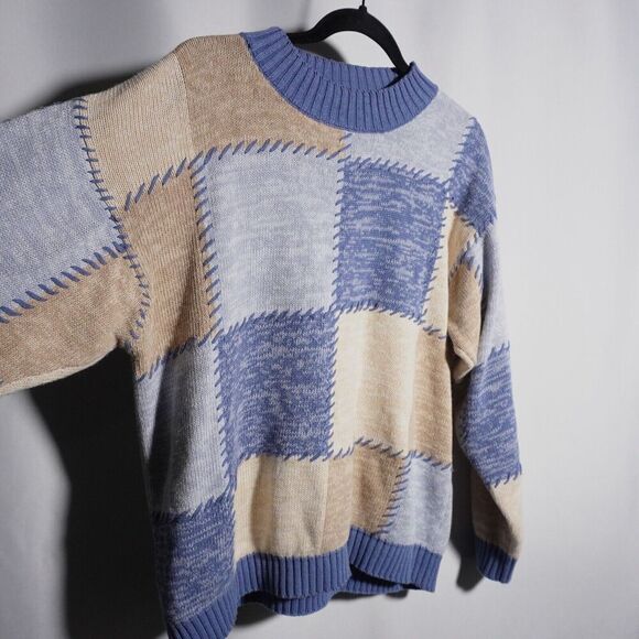 VTG 80s 90s Blue Tan Patchwork Knit Sweater Mens L Jantzen Quirky Grandpa Quirky - Picture 2 of 5